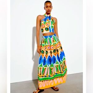 Zara Sz S- SET of vibrant Blue/Yellow Maxi Skirt AND Halter top Resort Wear